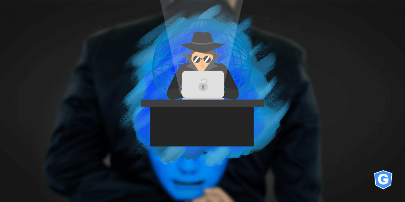 Cibercriminoso desbloqueando computador com spoofing de domínio para usar imagem de terceiro como máscara.