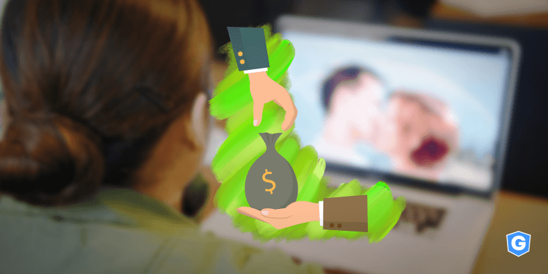 Woman looking at photo threatens hacker in a sextortion scheme