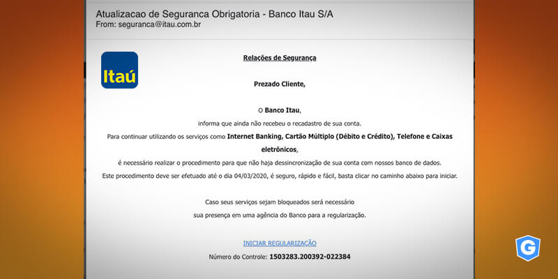E-mail falso do Itaú usado em golpe.
