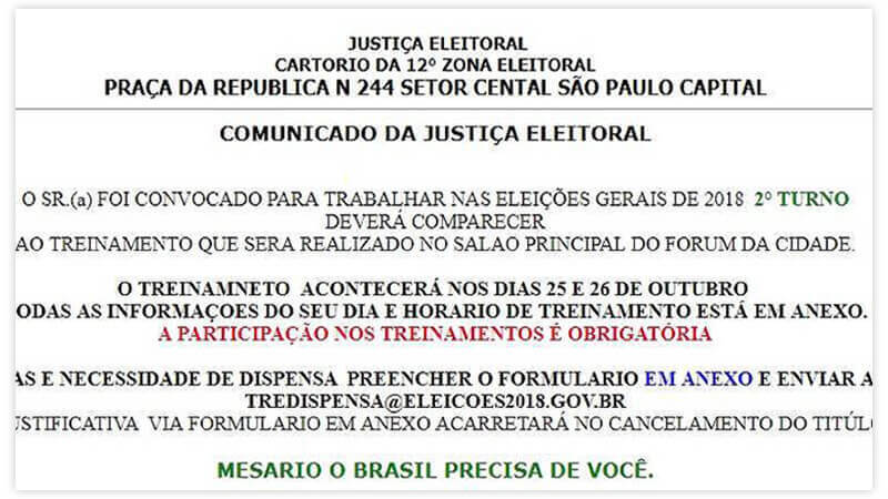 Golpe usa Justiça Eleitoral "convoca" mesários enviando anexo malicioso.
