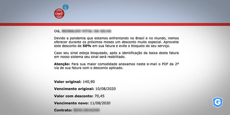 E-mail falso sobre fatura da Claro.