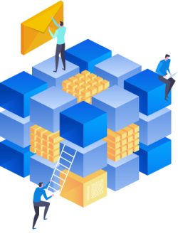 Little people working in a microsservice architecture cube to prepare the cloud email security features